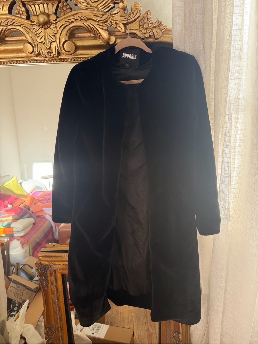 Apparis Black Velvet Longline Trench Coat